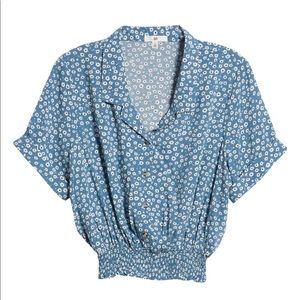 BP. Short sleeve smocked button-up crop top blue